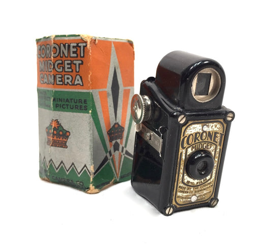 Antique Art Deco Coronet Black Midget Subminiature Camera in Original Box c.1930