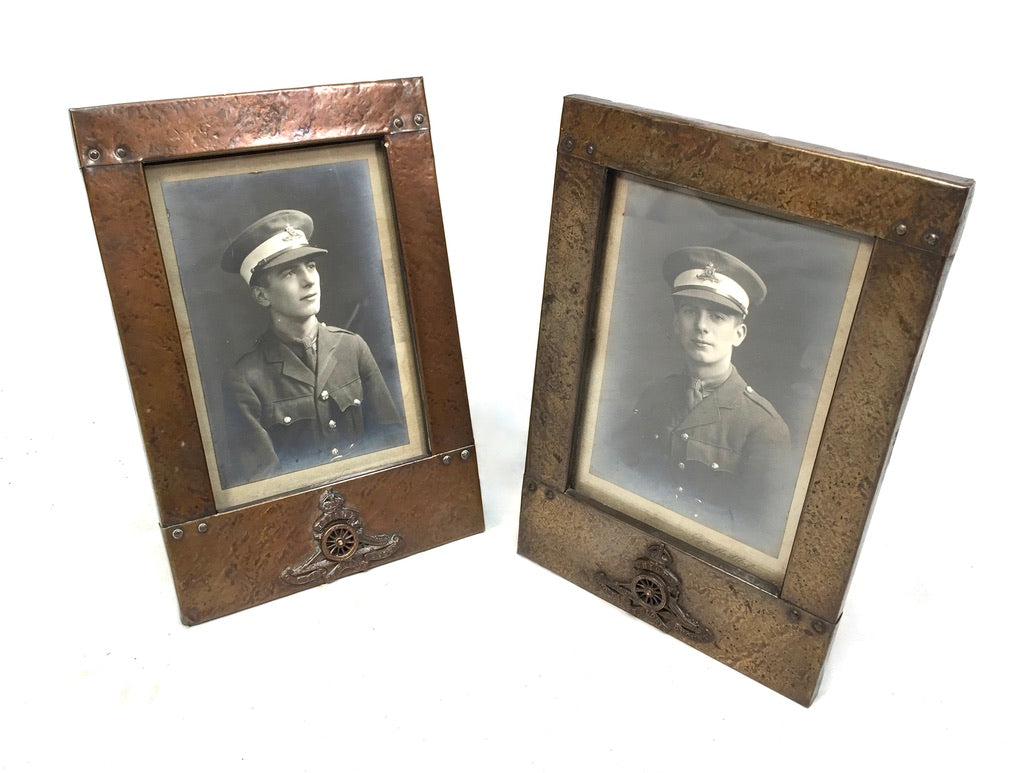 Antique Early 20th Century Pair of Copper Front & Wooden Military War Frames