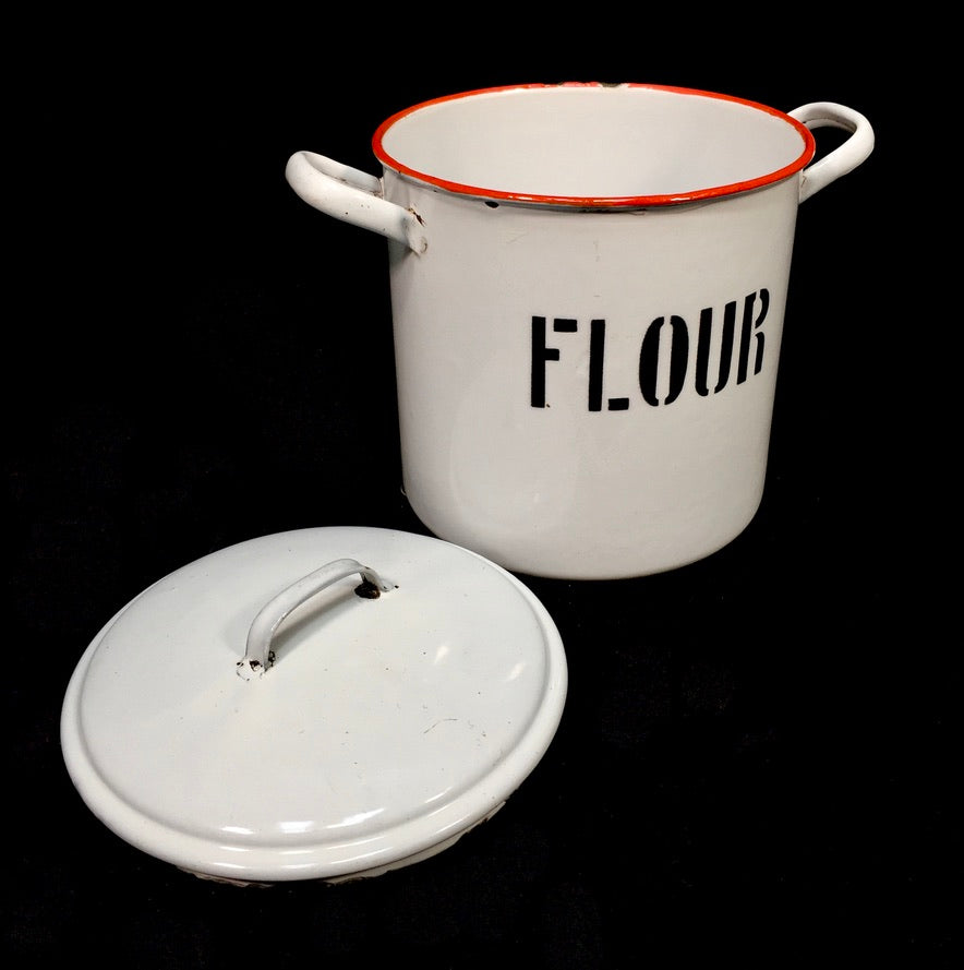 Antique Kitchenalia - White & Red Enamel Flour Bin with Lid Storage Box c.1950