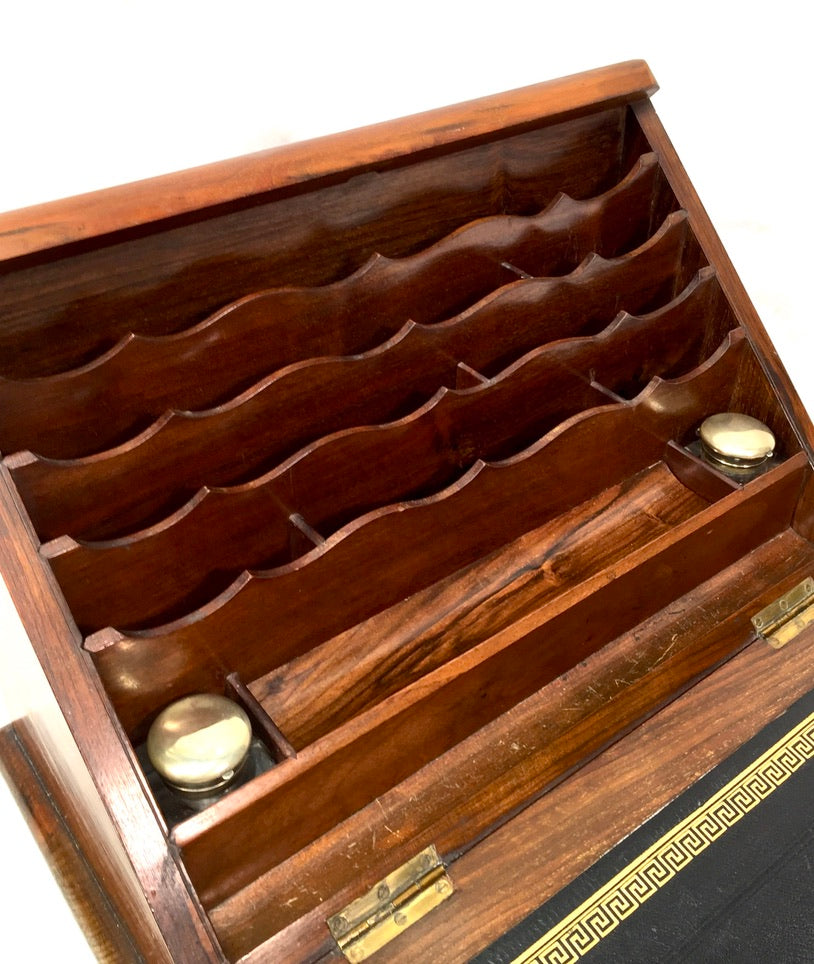 Antique Wooden Walnut Victorian Stationery Box Organiser Writing Slope with Key