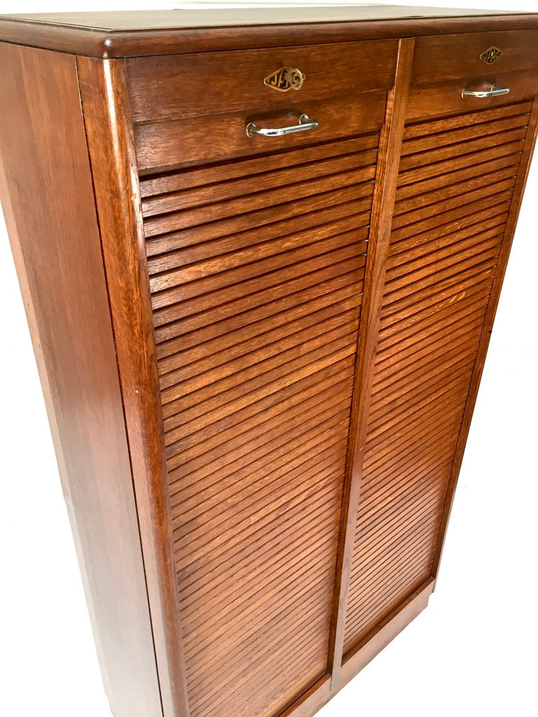 Antique 1930s Wood Oak Double Tambour Fronted Office Paper Filing Cabinet & Key