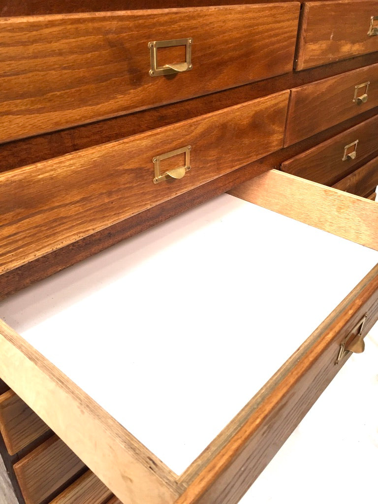 Antique Large Wooden Oak Office Double Filing Drawer Storage Cabinet Sideboard