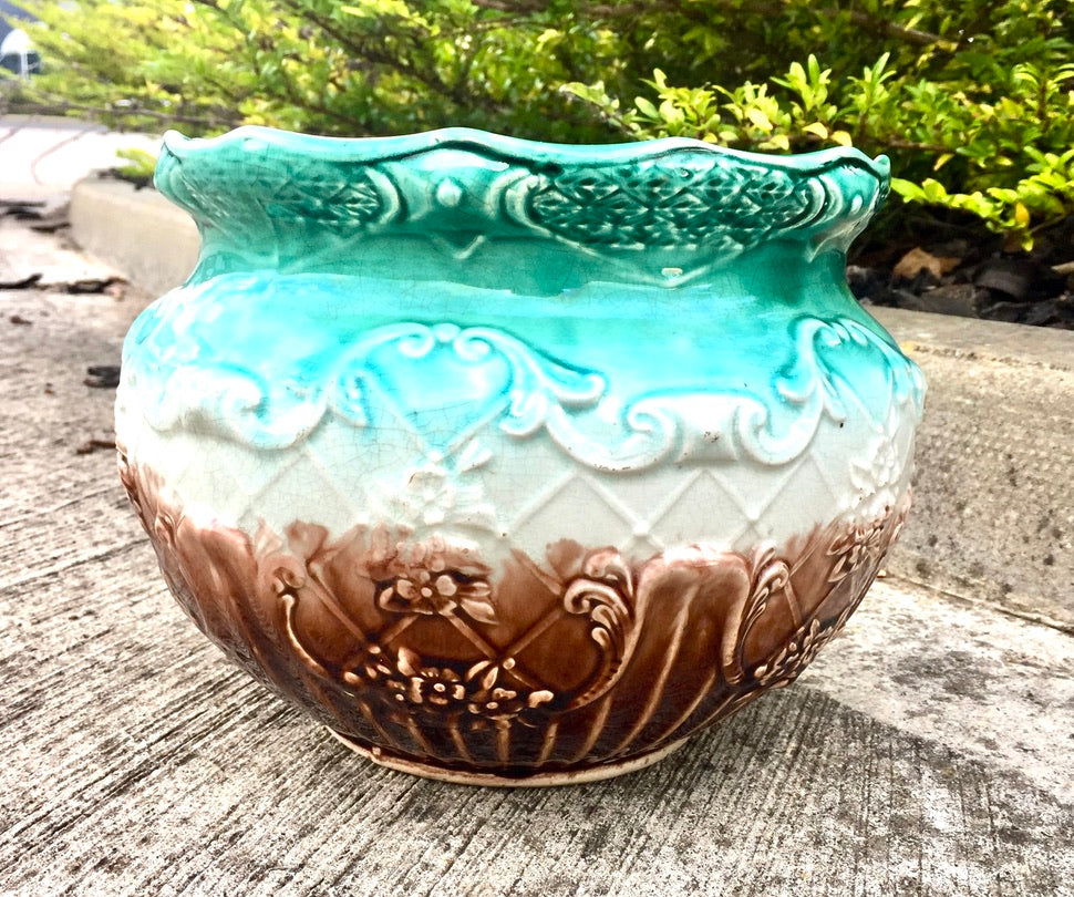 Antique Green & Brown Pottery Majolica Planter Indoor Plant Pot Cache Pot c.1920