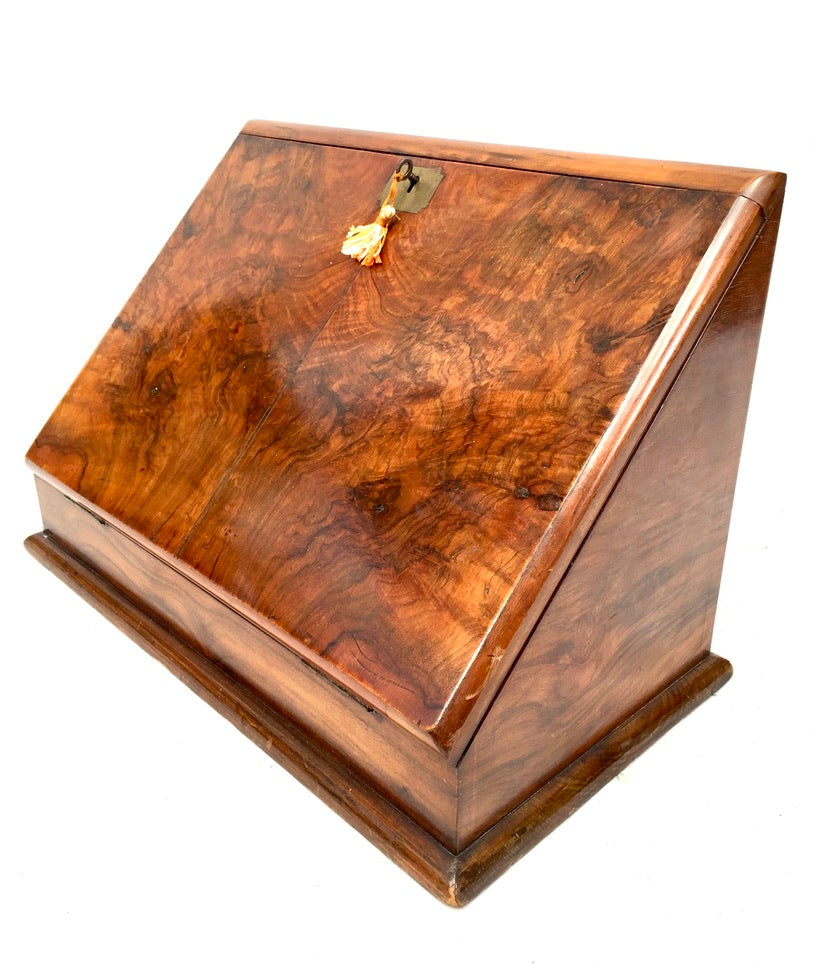 Antique Wooden Walnut Victorian Stationery Box Organiser Writing Slope with Key