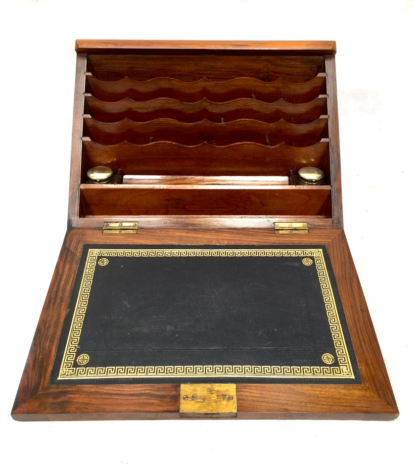 Antique Wooden Walnut Victorian Stationery Box Organiser Writing Slope with Key