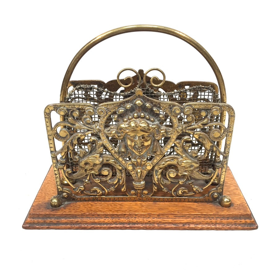 Antique Early 20th Century Ornate Brass & Oak Wooden Desktop Letter Holder Rack