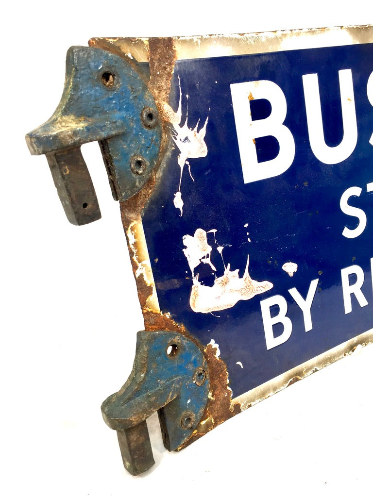 Antique Double Sided Blue & White Enamel Bus Stop Sign Busses Stop By Request