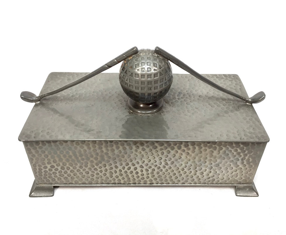 Antique English Pewter Art Deco Cigar Box Golf Ball & Clubs c.1930 Wood Lined