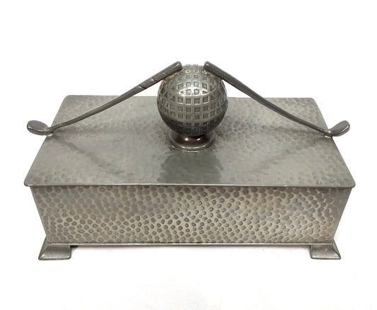 Antique English Pewter Art Deco Cigar Box Golf Ball & Clubs c.1930 Wood Lined