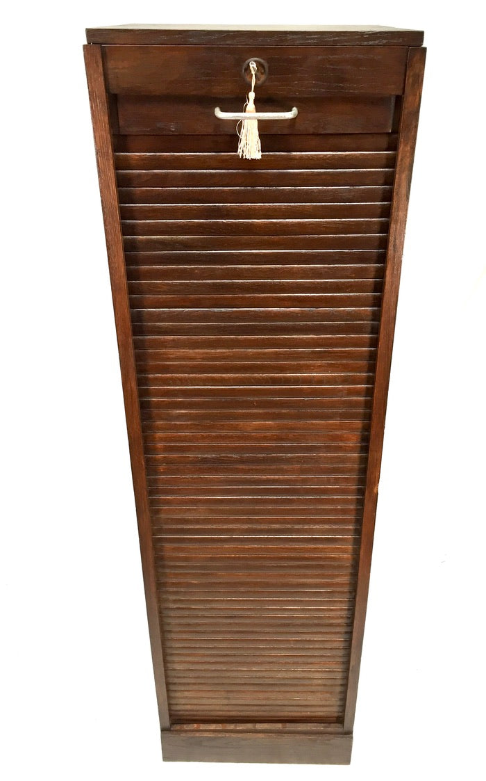 Antique 1950s Wooden Oak Tambour Fronted Office Paper Filing Cabinet with Key