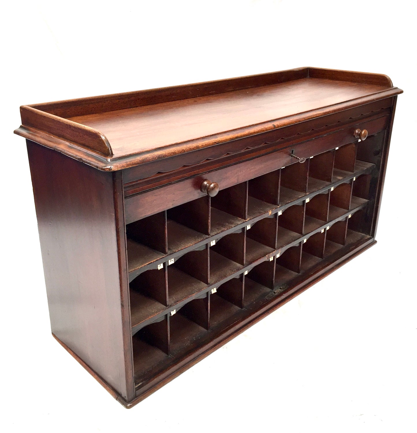 Antique Wooden Tambour Fronted Cabinet Pigeon Hole Stationery Box with Key c1930