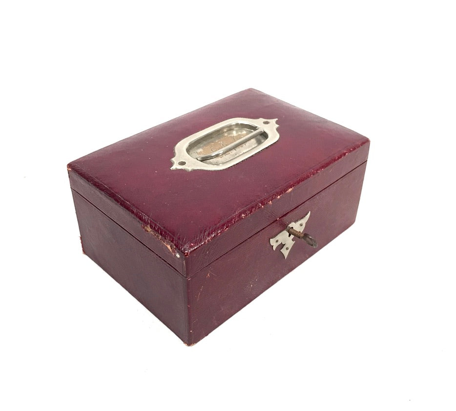 Antique Edwardian Leather Tabletop Cash Box / Jewellery Cabinet with Key c.1910