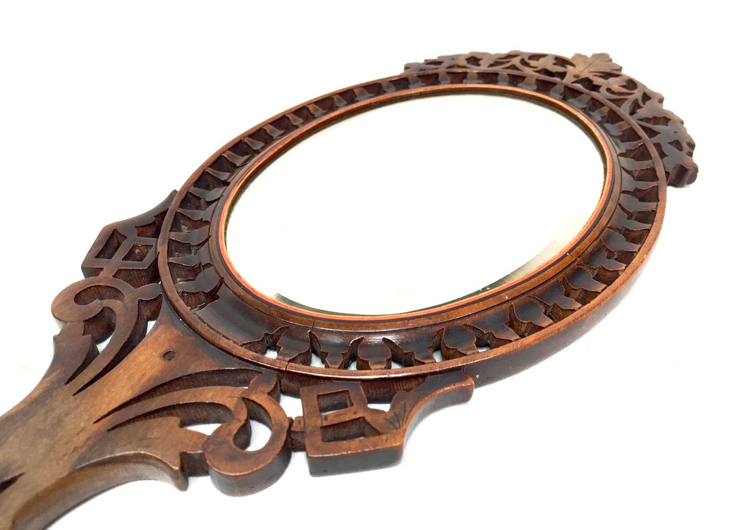 Antique Olive Wood Sorrento Ware Hand Held Mirror / Travel Mirror Italy c.1900