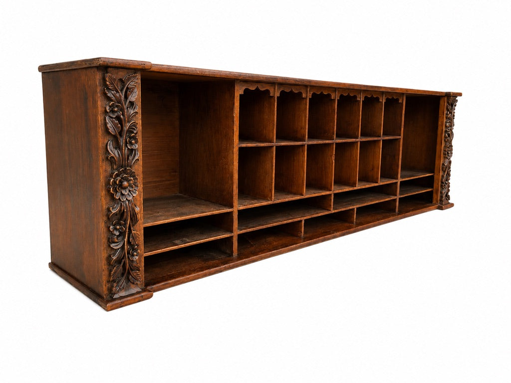 Antique Large Wooden Oak Carved Pigeon Hole Filing Cabinet Stationery Organiser