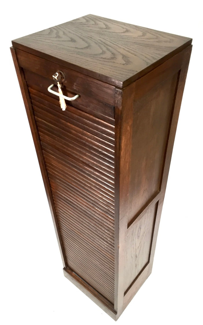 Antique 1950s Wooden Oak Tambour Fronted Office Paper Filing Cabinet with Key
