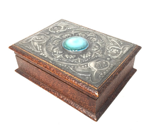 Antique Wood & Pewter Storage Box / Trinket Jewellery Box / Blue Cabochon c.1930