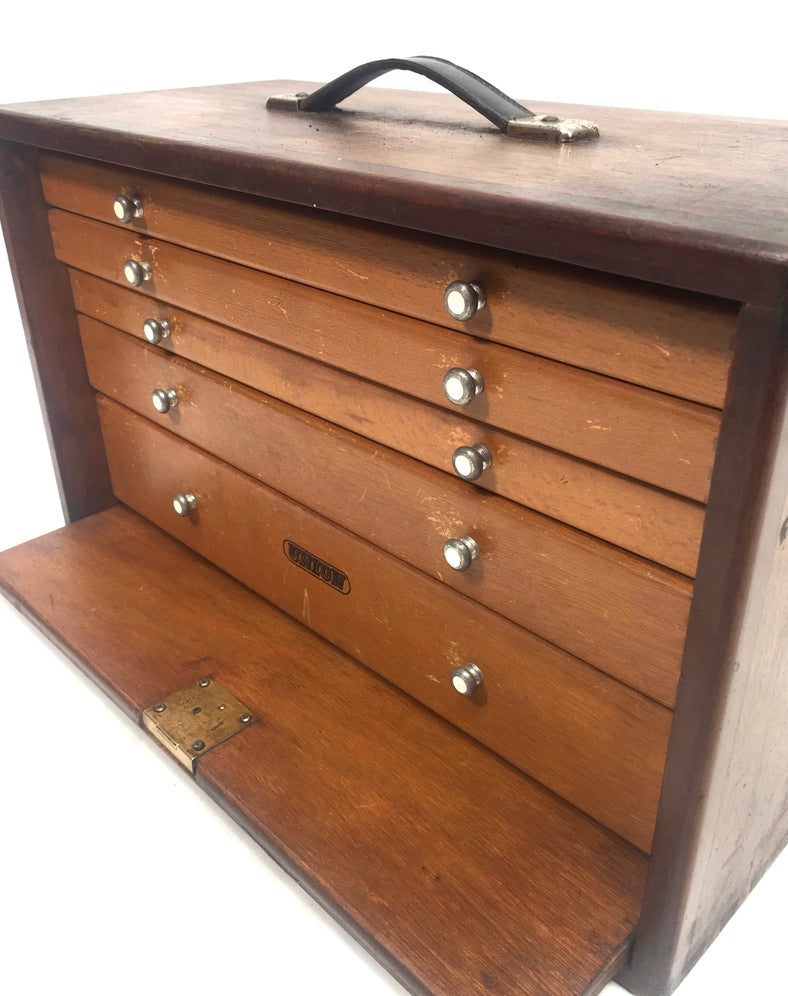 Antique Wooden Union Engineers Toolbox / Tool Box Collectors Cabinet with Key
