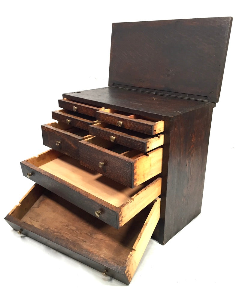 Antique Tabletop Wooden Tool Chest / Collectors Drawers Storage Box c.1900