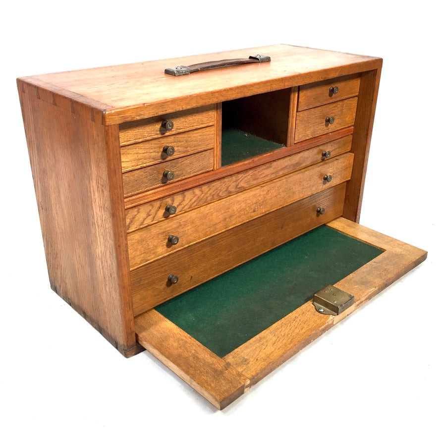 Antique Wooden Oak Engineers Toolbox / Tool Box Collectors Cabinet & Key c.1950