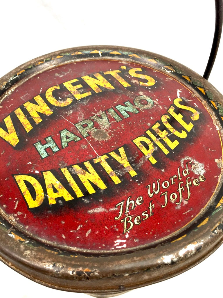 Antique Advertising 1920s Vincents Harvino Dainty Pieces Toffee Tin Bucket Shape