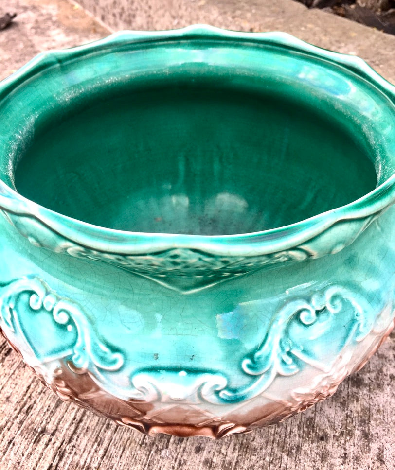 Antique Green & Brown Pottery Majolica Planter Indoor Plant Pot Cache Pot c.1920