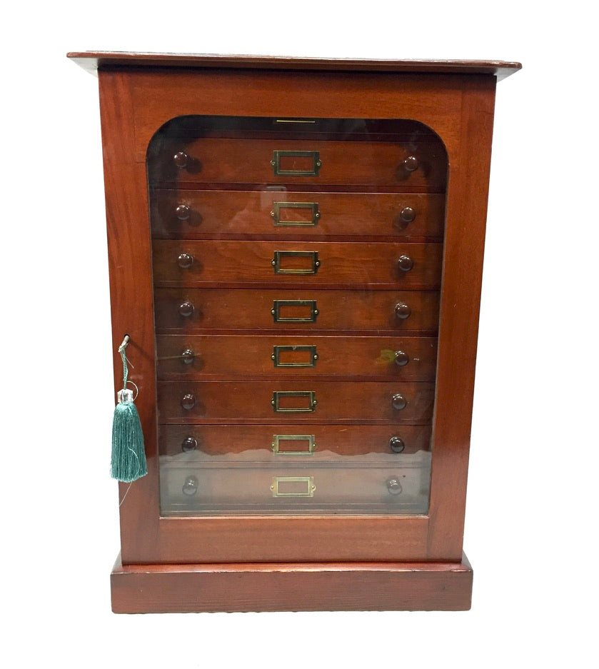 Antique Victorian Mahogany & Glass Specimen Collectors Filing Drawer Cabinet