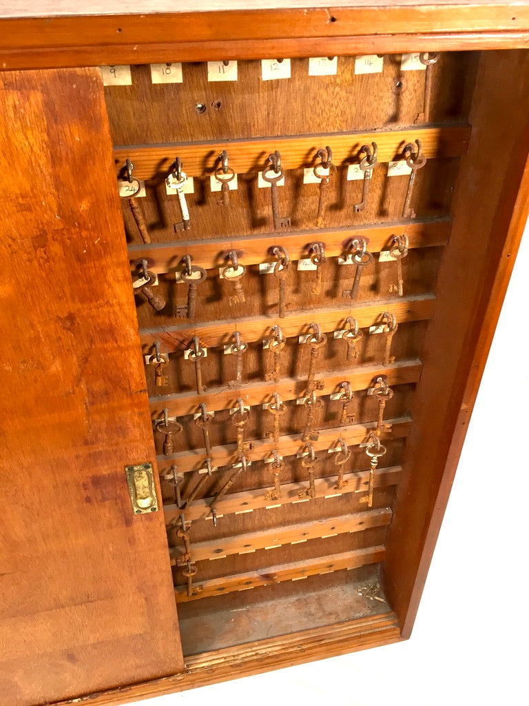 Antique 1930s Large Wall Hanging Wooden Hotel Key Storage Cabinet / Cupboard