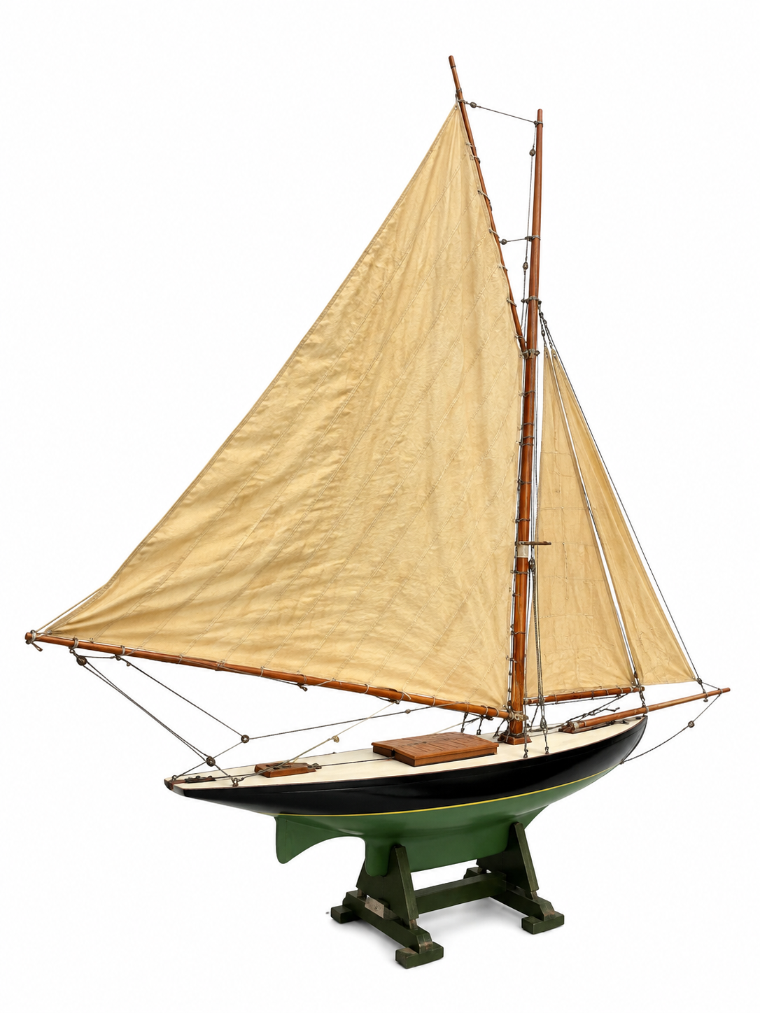 Antique Large 19th Century Wood Painted Rigged Pond Yacht &Display Stand c1900