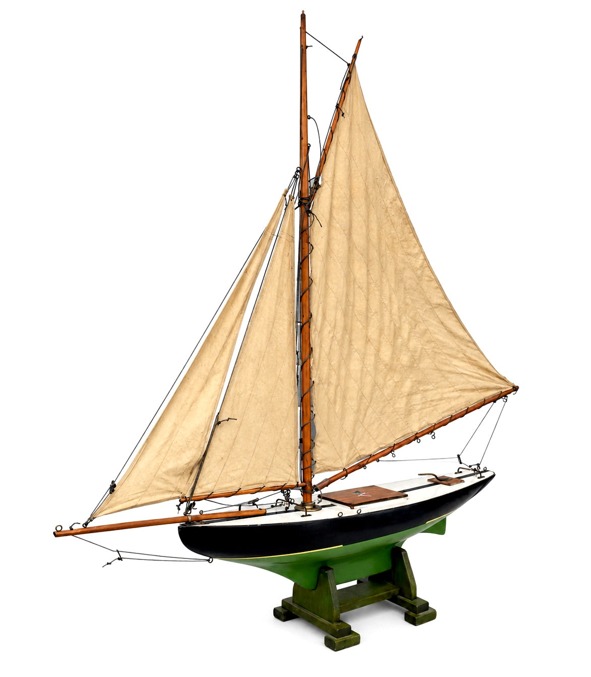 Antique Large 19th Century Wood Painted Rigged Pond Yacht &Display Stand c1900