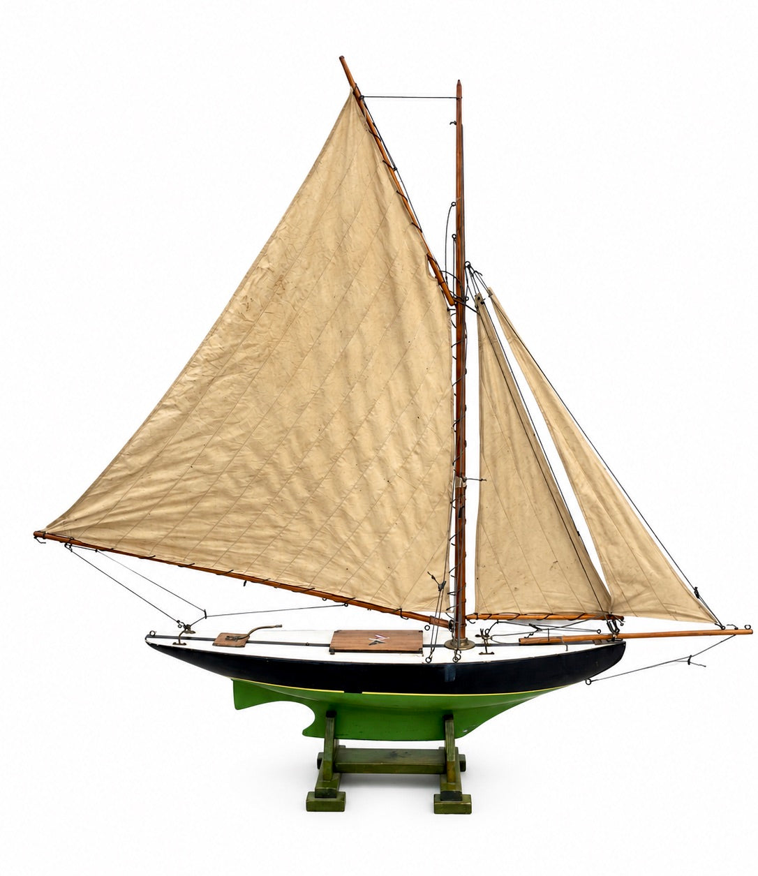 Antique Large 19th Century Wood Painted Rigged Pond Yacht &Display Stand c1900