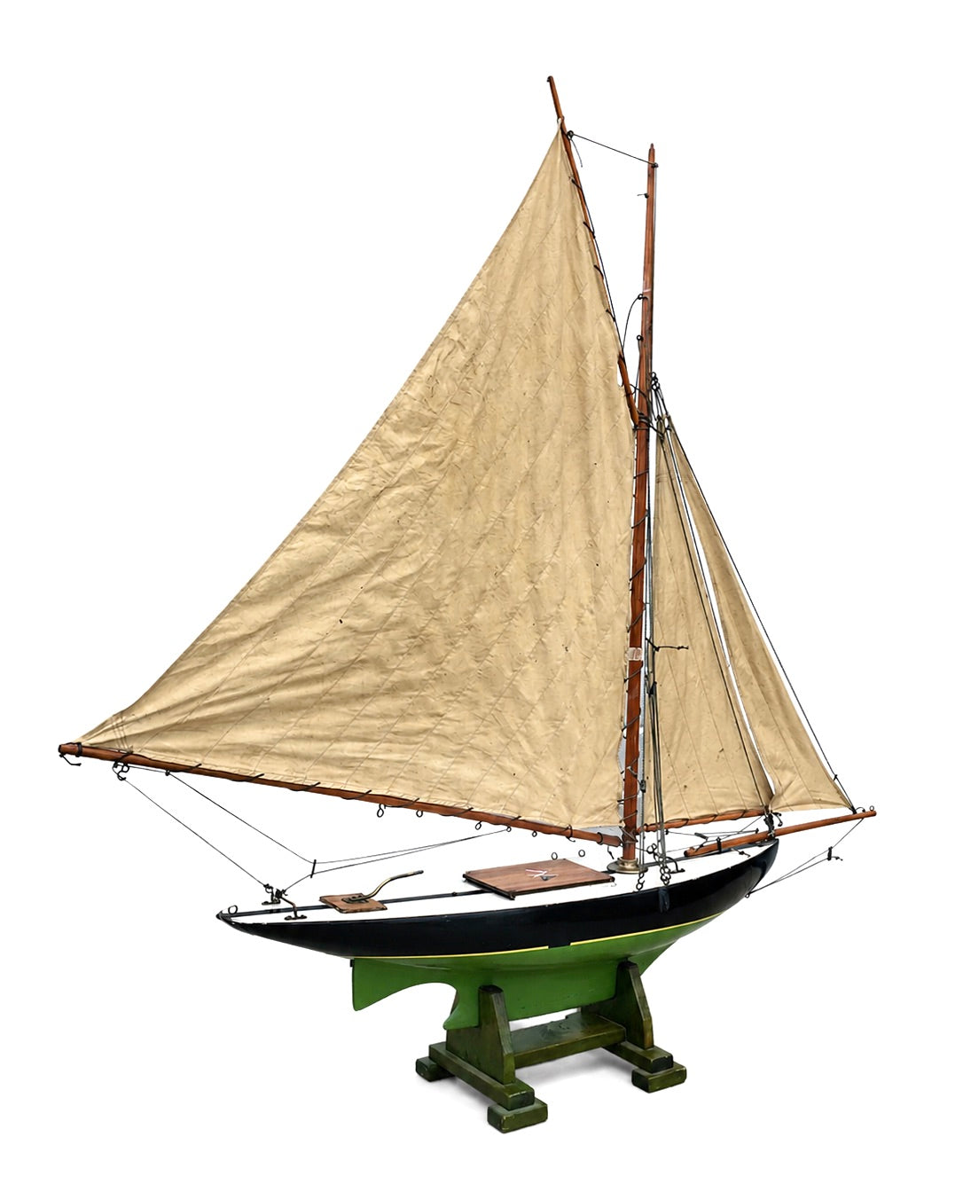 Antique Large 19th Century Wood Painted Rigged Pond Yacht &Display Stand c1900