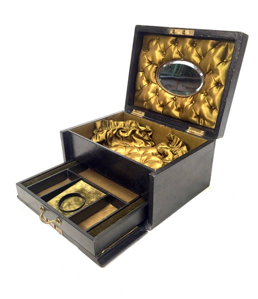 Antique 19th Century Black Leather & Brass Jewellery Trinket Storage Box c.1880