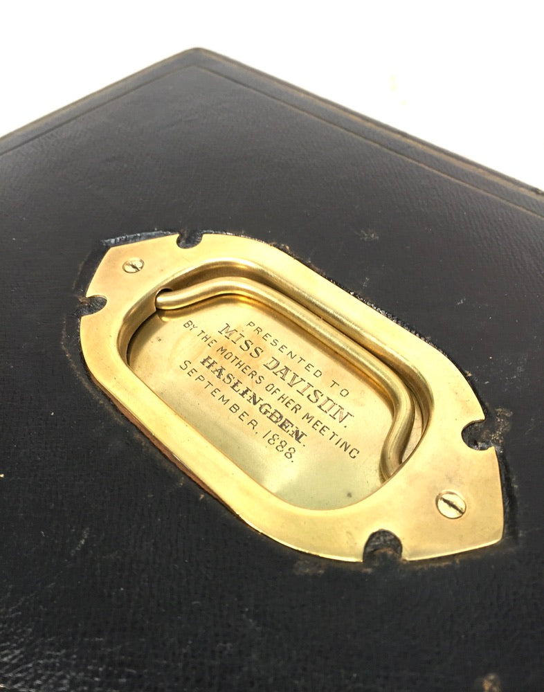 Antique 19th Century Black Leather & Brass Jewellery Trinket Storage Box c.1880