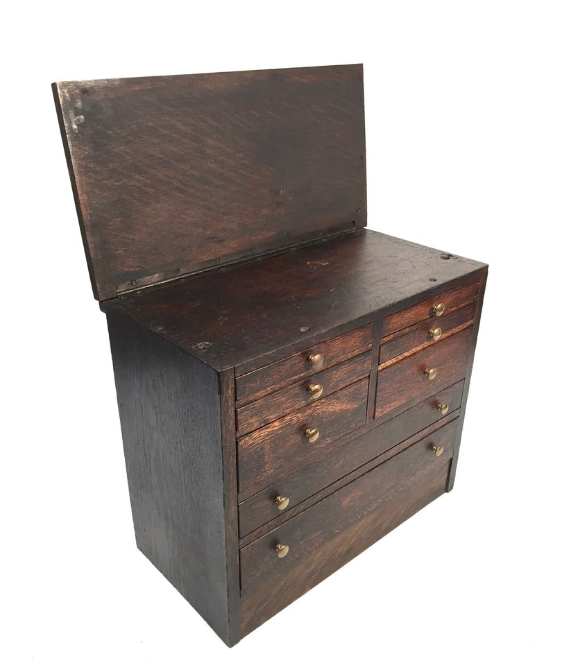 Antique Tabletop Wooden Tool Chest / Collectors Drawers Storage Box c.1900