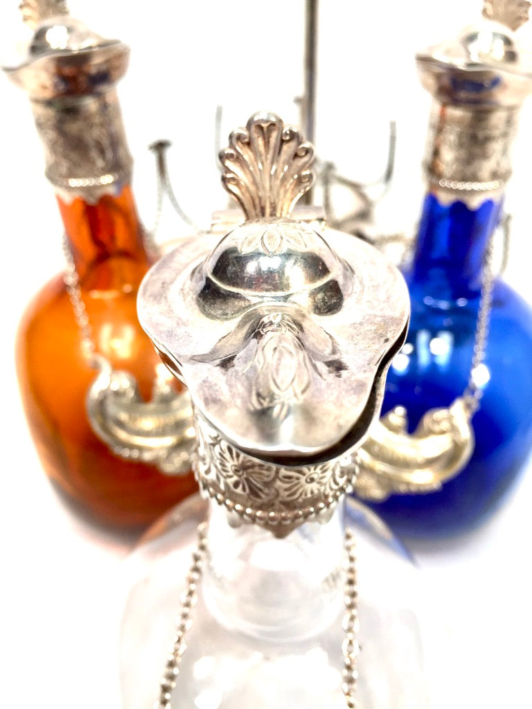 Antique Victorian Blue, Brown and Clear Glass Flagon Decanter Set Display Stand