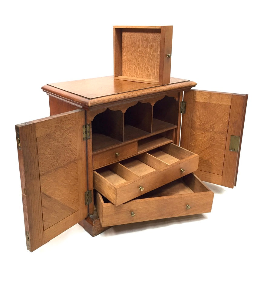 Antique Tabletop Oak Wooden Desk Stationery Box / Cabinet / Cupboard c.1920 Key