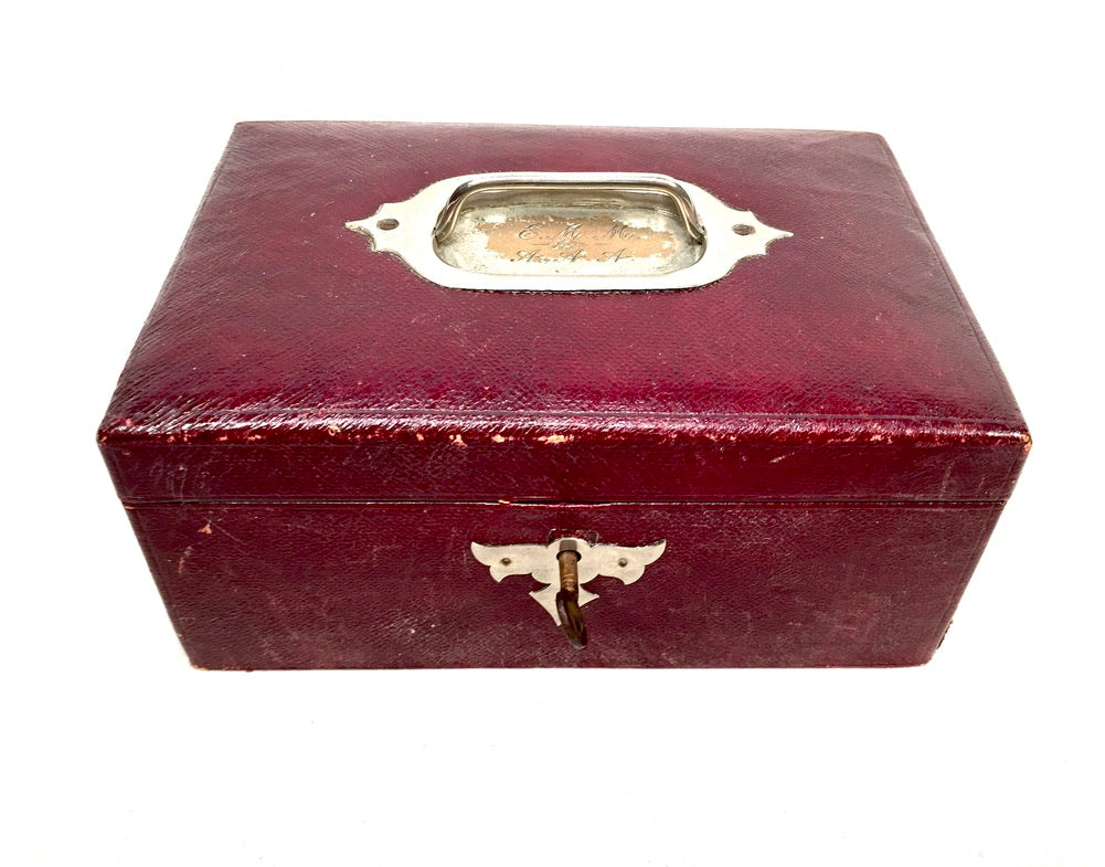 Antique Edwardian Leather Tabletop Cash Box / Jewellery Cabinet with Key c.1910