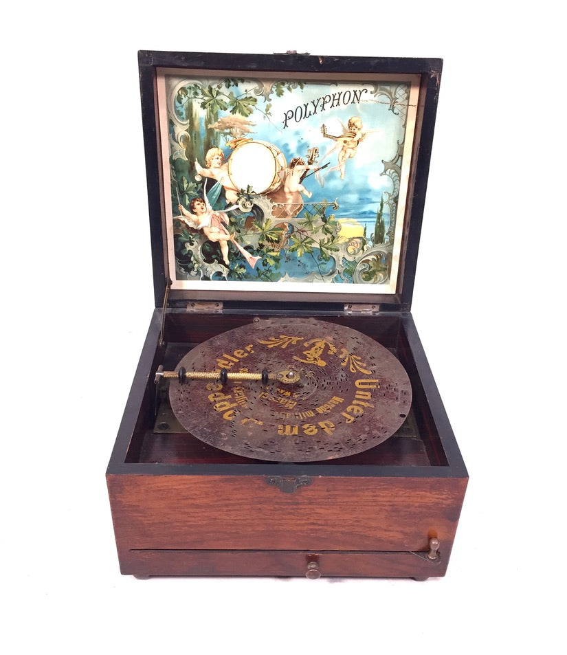 Antique Tabletop Wooden Walnut Cased Polyphon Music Box / Working Discs c.1901