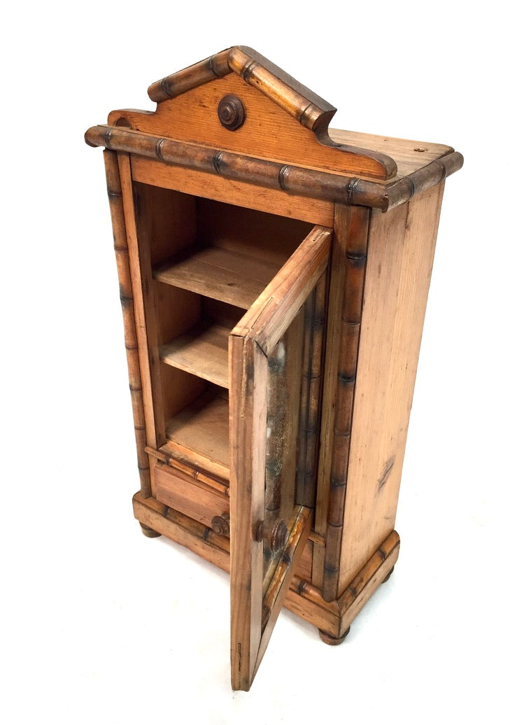 Antique Tabletop Wooden Bamboo & Pine Miniature Cabinet Cupboard / Mirror c.1930