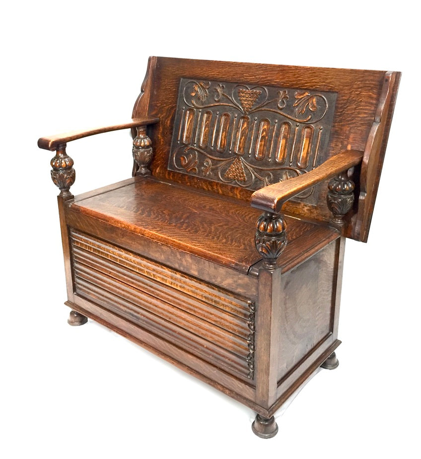 Antique Early 20th Century Oak Entrance Hall Monks Bench / Storage Seat