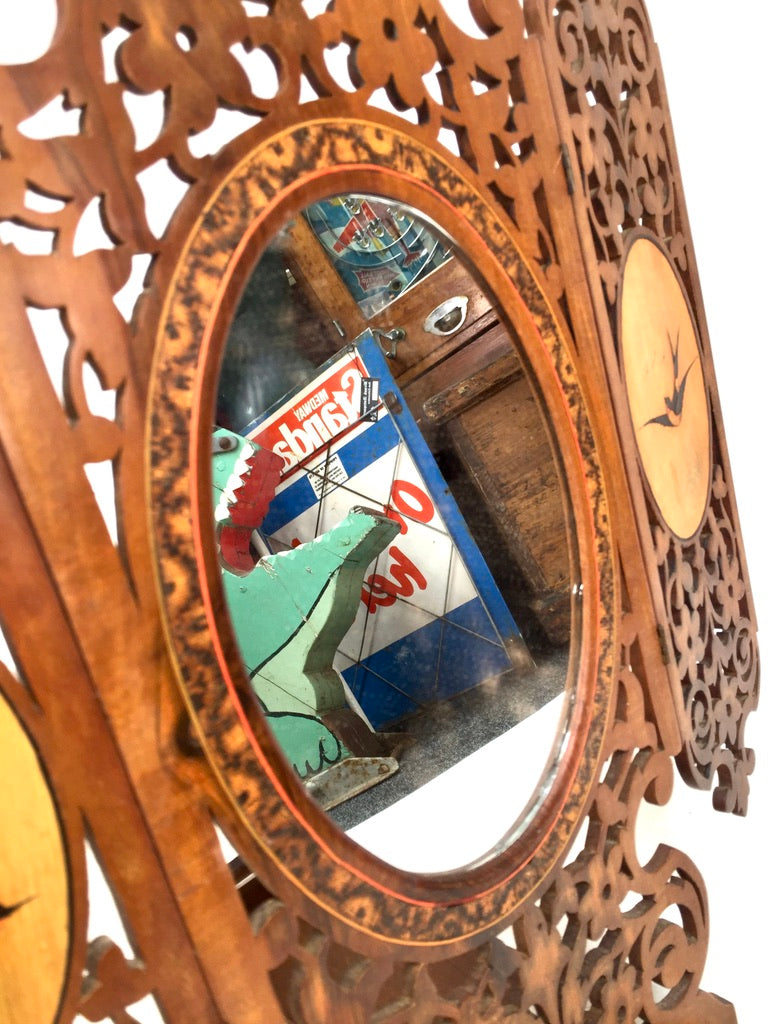 Antique Tabletop Hand Carved Wooden Sorrento Ware Triptych Vanity Mirror c.1900