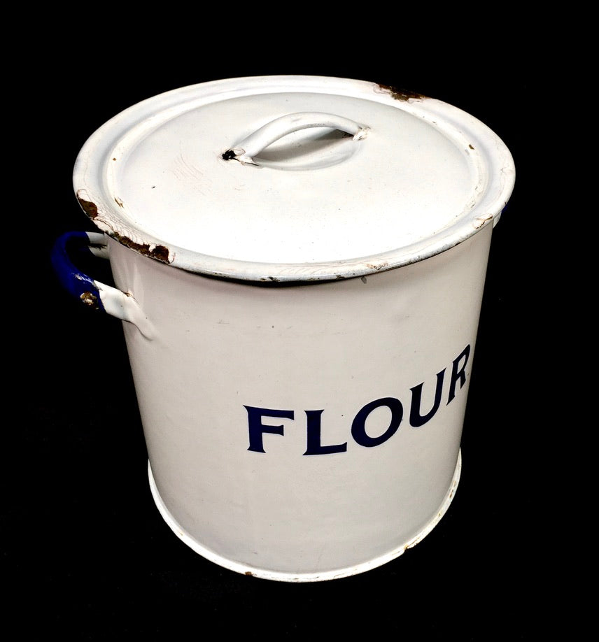 Antique Kitchenalia White & Blue Large Enamel Flour Bin & Lid Storage Box c.1950