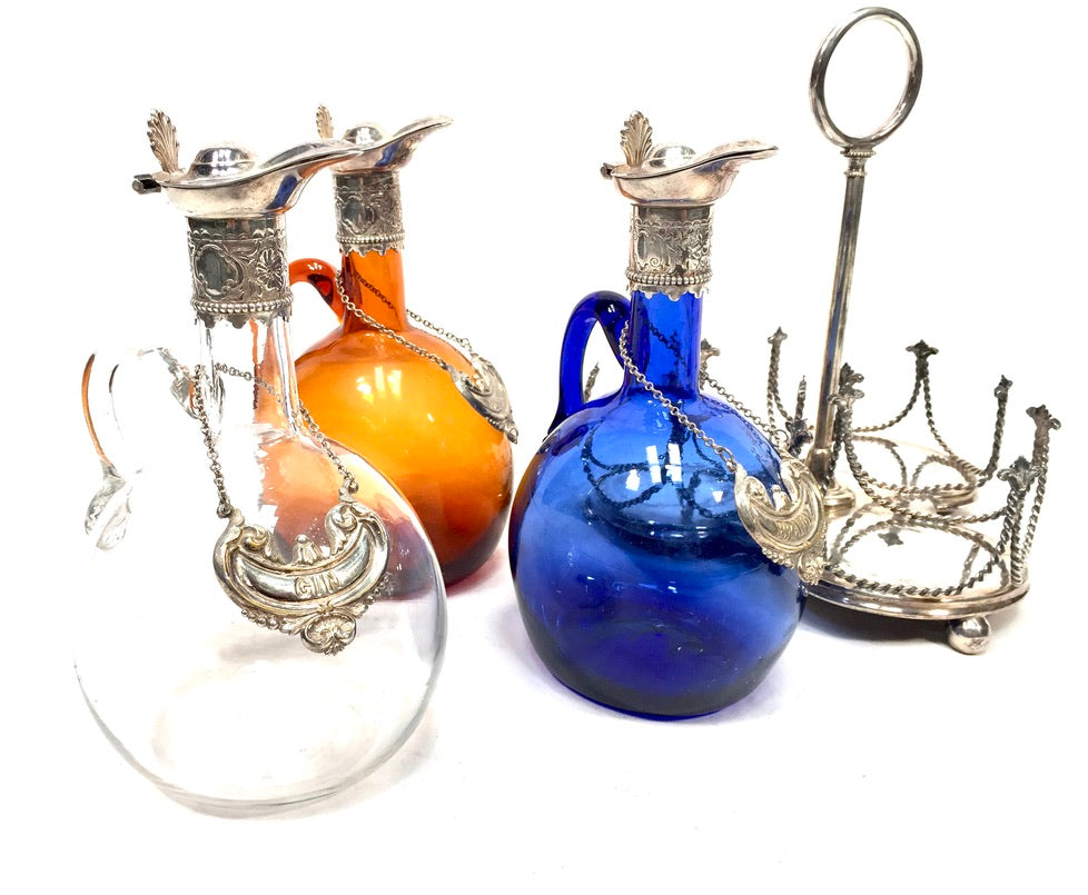 Antique Victorian Blue, Brown and Clear Glass Flagon Decanter Set Display Stand