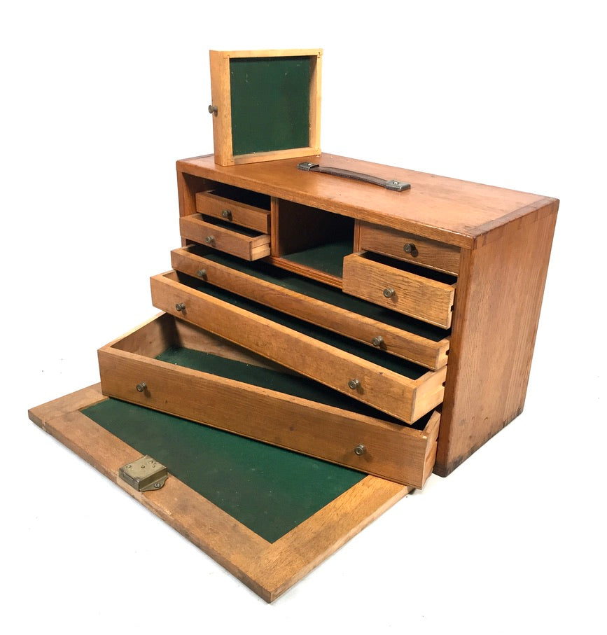 Antique Wooden Oak Engineers Toolbox / Tool Box Collectors Cabinet & Key c.1950