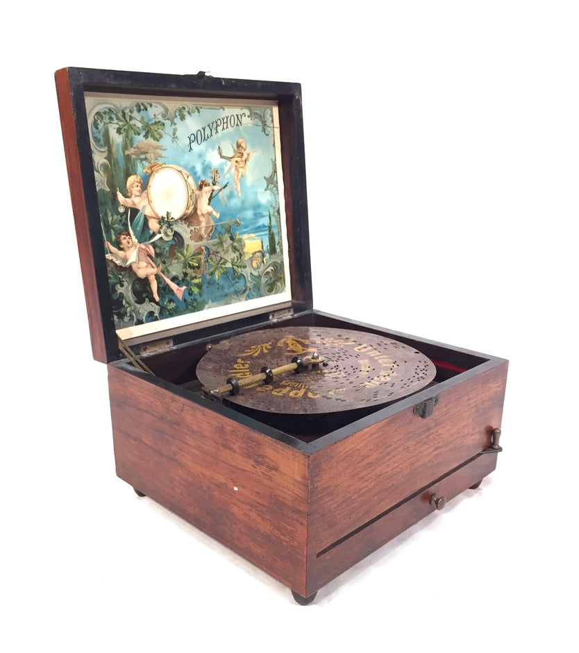 Antique Tabletop Wooden Walnut Cased Polyphon Music Box / Working Discs c.1901