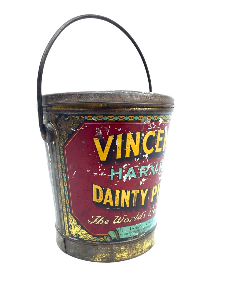 Antique Advertising 1920s Vincents Harvino Dainty Pieces Toffee Tin Bucket Shape