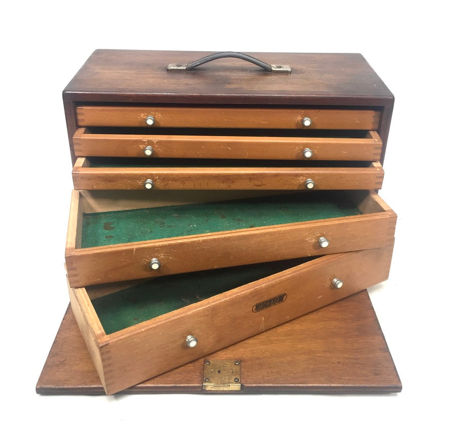 Antique Wooden Union Engineers Toolbox / Tool Box Collectors Cabinet with Key