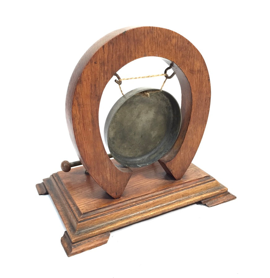 Antique Brass Gong with Lucky Horseshoe – Wooden Oak Stand & Mallet Vintage