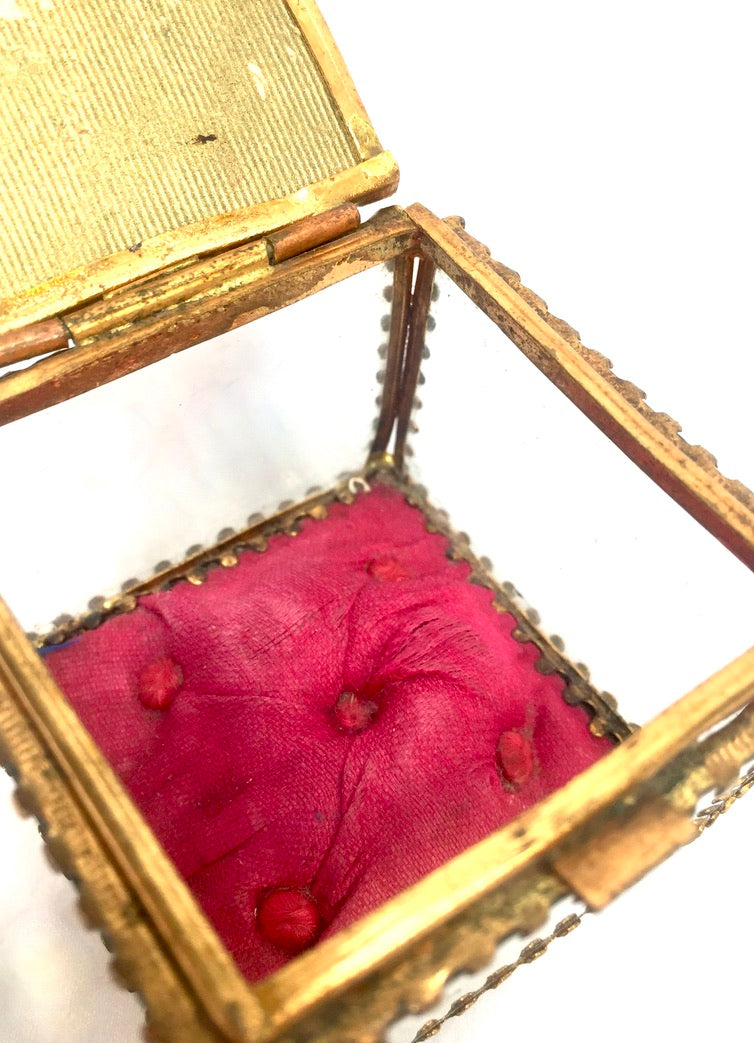 Antique Brussels Souvenir Miniature Casket / Glass Ring Box / Jewellery Box