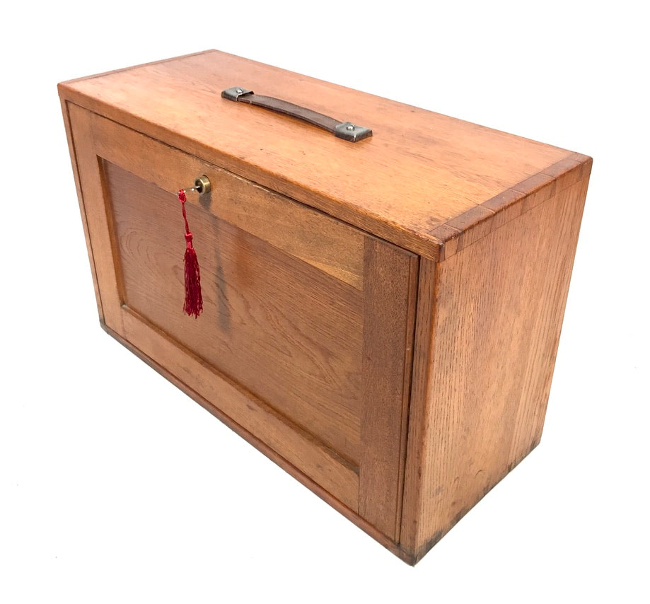 Antique Wooden Oak Engineers Toolbox / Tool Box Collectors Cabinet & Key c.1950